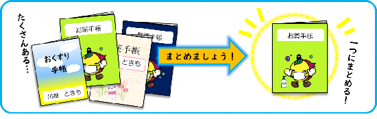 イラスト：お薬手帳を一つにまとめましょう。