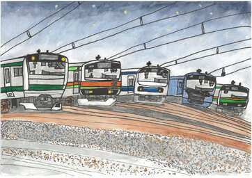 写真:最優秀賞 『始発列車発車後の川越車両センター』の絵