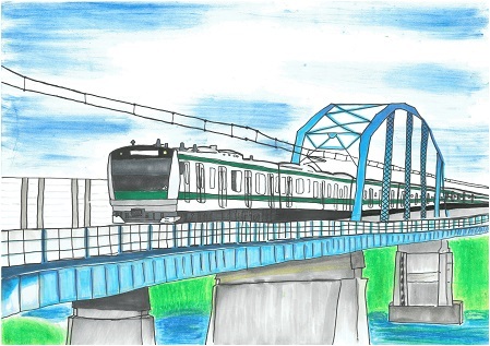 写真:優秀賞 「鉄橋と川越線」の絵