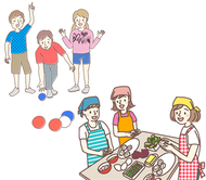 イラスト：ボッチャと料理で親しむ学級生とボランティア
