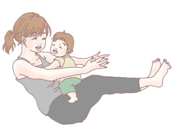 赤ちゃんをお腹にのせてヨガをするママのイラスト