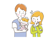 泣いている赤ちゃんと困っている夫婦のイラスト