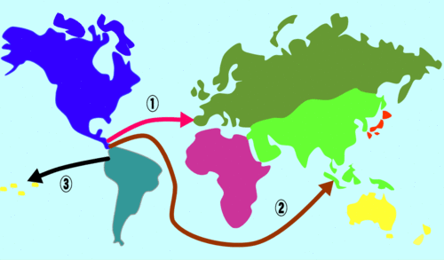 サツマイモの広まったルートを世界地図で説明